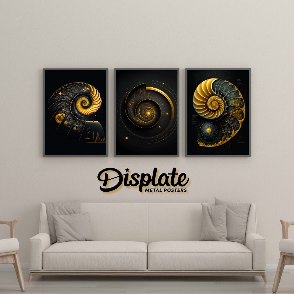 Luxury metal poster of the Golden Fibonacci Spiral of Life with magnetic mounting for home sanctuaries. Displate Metal Posters