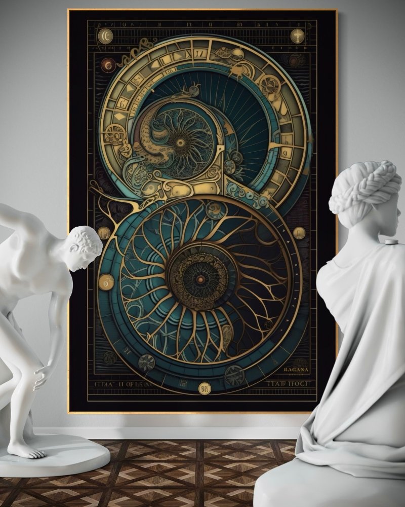 Divine Proportion language of the gods a imense beautifully circular intricate design in gold blue and black background exposed in an elite gallery by RAGANA Design