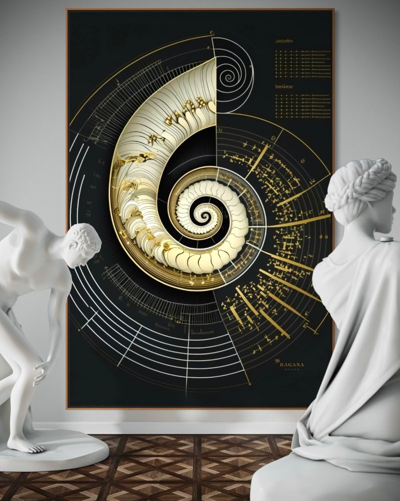 Manifestation, White Golden intricate fibonacci spiral design on a luxurious gallery wall by RAGANA Design