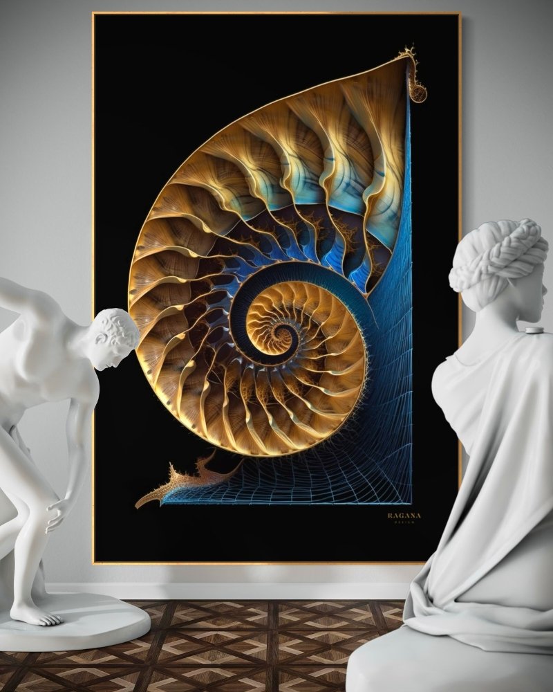 Metal Prints Blue Golden Fibonacci Spiral on a dark background elegance in design and appearance exposed in a high end gallery by RAGANA Design