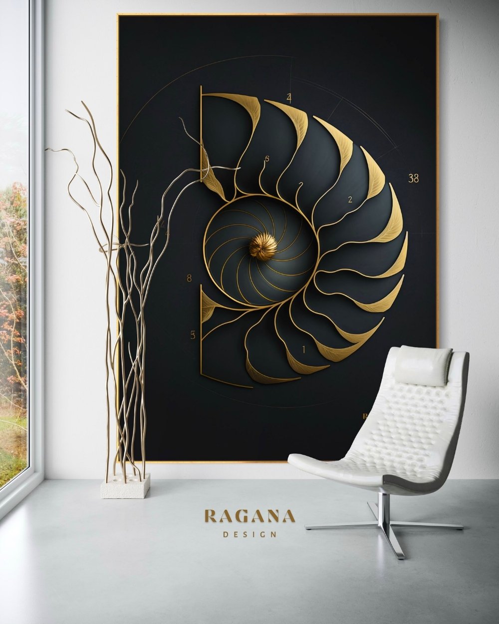 High-fidelity 4K digital artifact of a golden Fibonacci nautilus spiral on an obsidian black background, featuring intricate 1.618 geometric notations by RAGANA Design