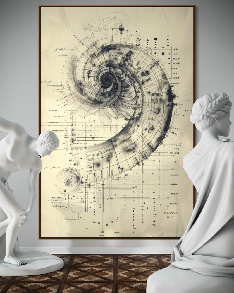 Sacred Geometry, Fibonacci Sequence, Fibonacci Spiral in sketch form exposed in an antique gallery RAGANA Design