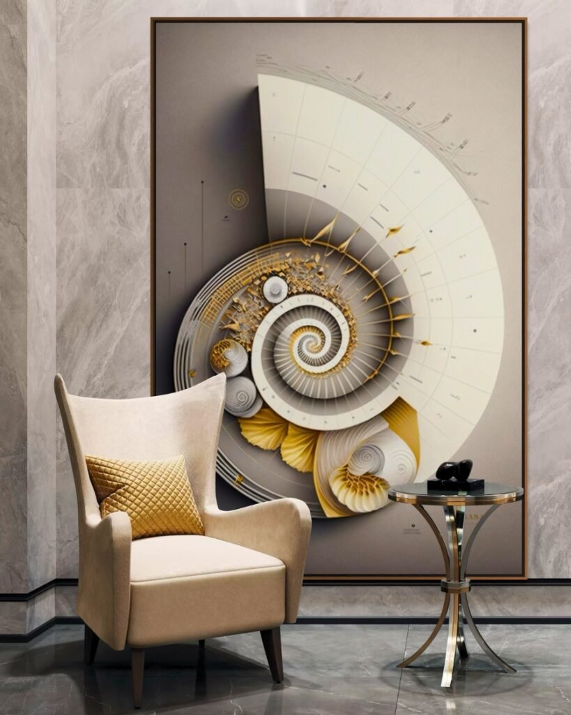 Sovereign Commissions, Architectural Art Licensing, Bespoke Sacred Geometry, art boutique hotel, art for lobby, art for office, bespoke art RAGANA DESIGN A High end hotel lobby displaying a high ent RAGANA design Fibonacci Golden-white spirel in prefect dimensions.