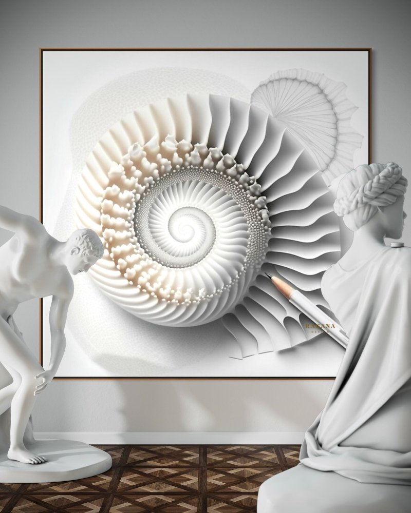 Spiral of Life, Nautilus Designs, a white sketch design of a fine nautilus spiral, fibonacci sequence as a large scale design on a gallery wall by RAGANA Design