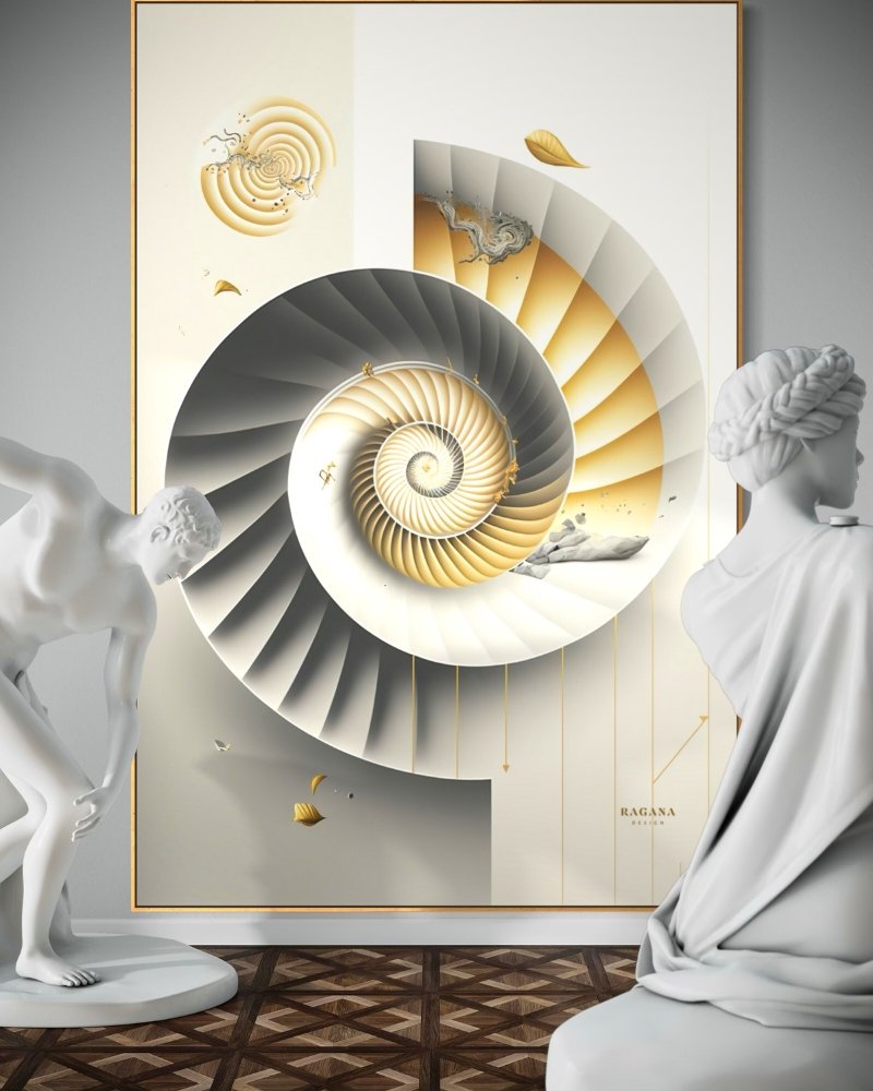 Spiritual Shield for Your Home, a white golden fibonacci spiral of life with fine lines exposed in an elite gallery by RAGANA Design