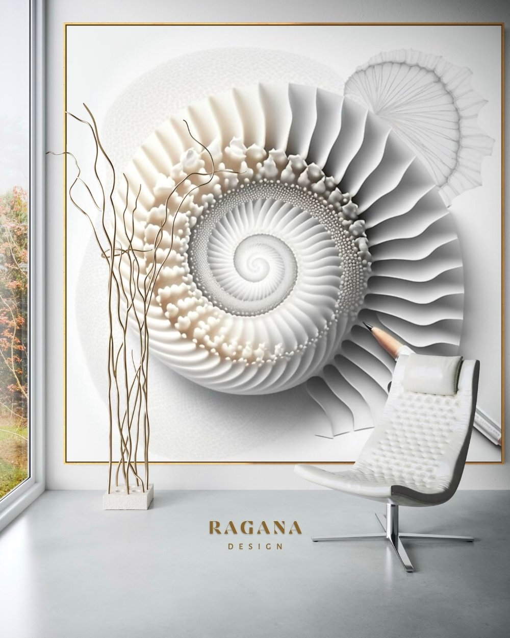 4K high-fidelity digital artifact by RAGANA Design featuring a pristine, white-on-white Fibonacci spiral with intricate, pearl-like textures and organic ridges, accompanied by a realistic pencil sketch element on a bright, minimalist canvas.