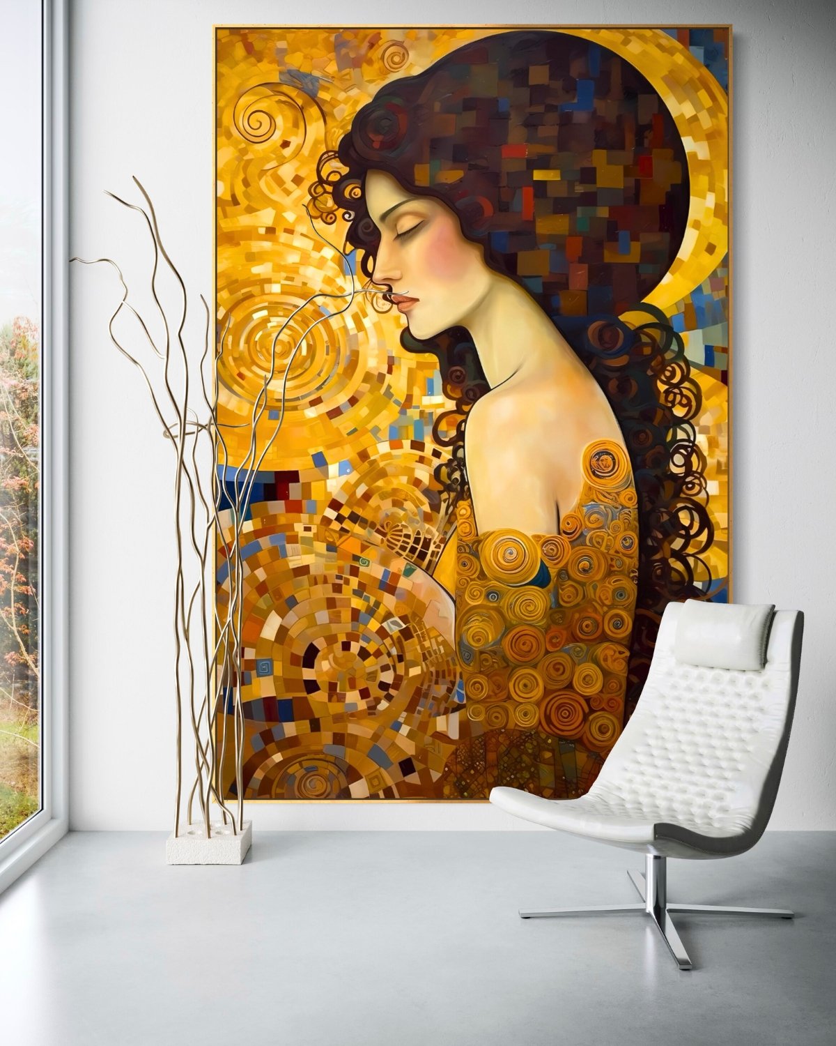 A magnificent vertical gold leaf artwork depicting the sacred union of two souls in a mosaic style, reimagining Klimt’s 'The Kiss' through the Divine Proportion, presented in an elite architectural setting.