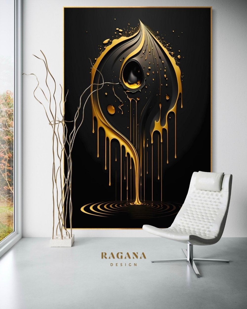 4K high-fidelity digital artifact by RAGANA Design featuring a central obsidian teardrop surrounded by liquid gold melting in a Fibonacci-inspired curve with ripples on a matte black background