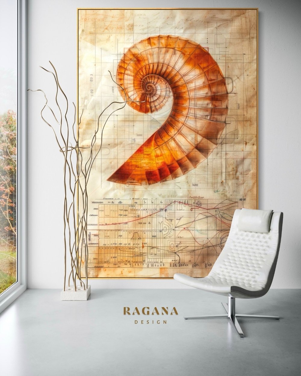 4K high-fidelity digital artifact by RAGANA Design featuring a vibrant amber-toned Fibonacci spiral overlaid on a technical architectural grid with handwritten notations and complex mathematical diagrams on a weathered parchment background.
