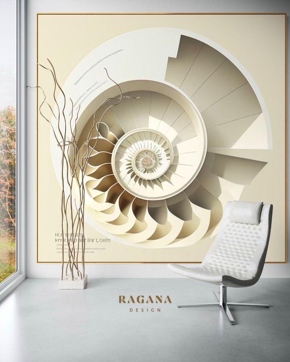 4K high-fidelity digital artifact by RAGANA Design featuring a minimalist, cream-on-white Fibonacci spiral that forms an architectural staircase, with technical sketch lines and mathematical notations on a clean, parchment-colored background.