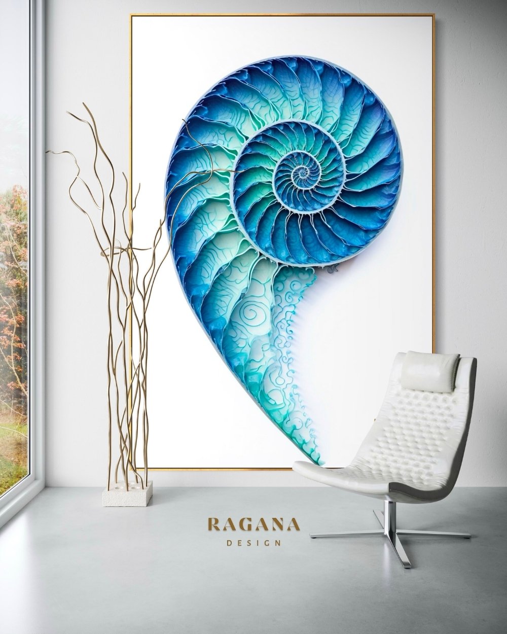 4K high-fidelity digital artifact by RAGANA Design featuring a stunning Fibonacci spiral in layered shades of cerulean, turquoise, and teal on a pristine white background, mimicking the texture of delicate sea foam or carved water.