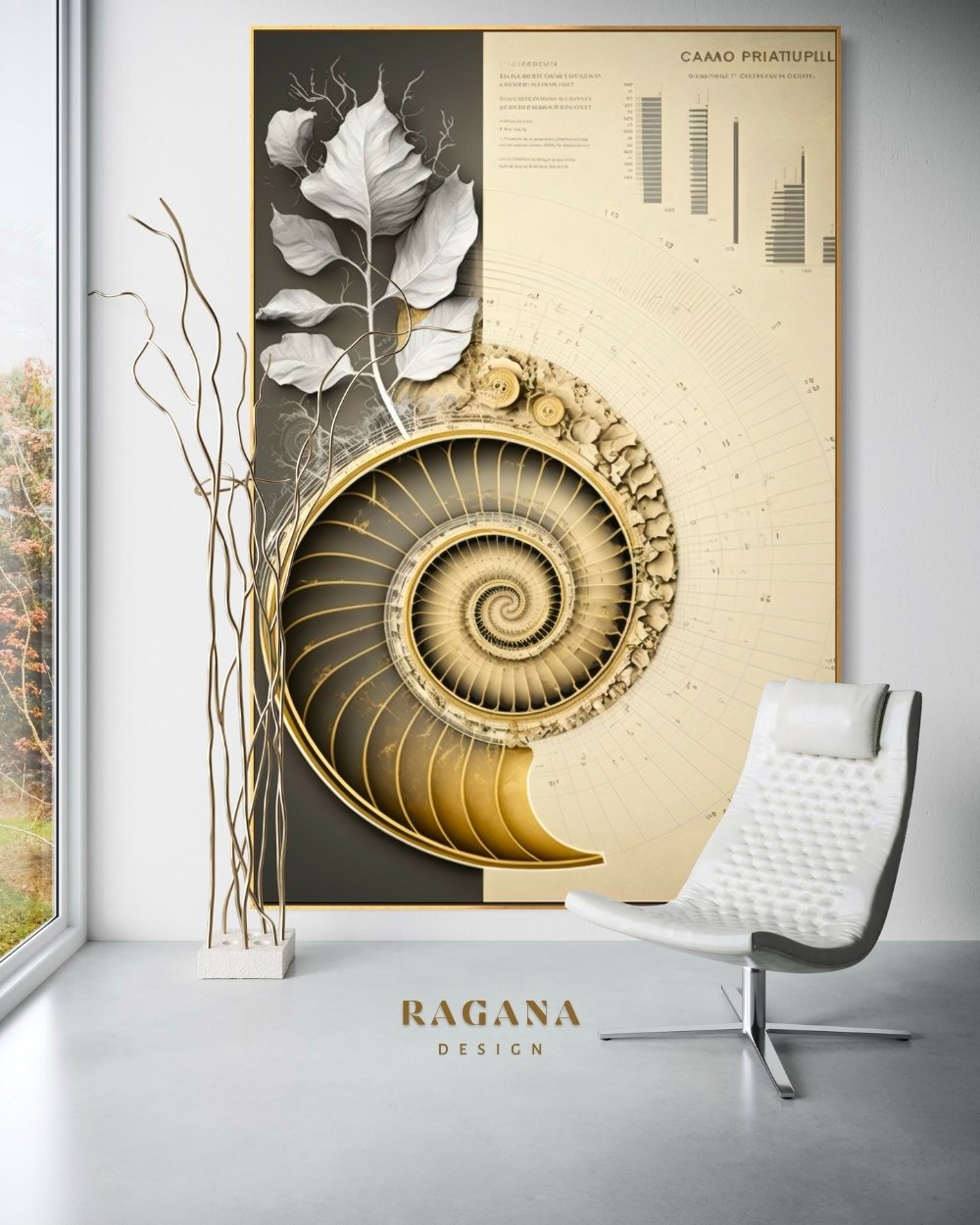 4K high-fidelity digital artifact by RAGANA Design featuring a dual-paneled composition; the left side shows a detailed white leaf with organic veins against a dark background, and the right side features a golden-toned Fibonacci shell integrated into a complex technical schematic with bar charts and mathematical notations.