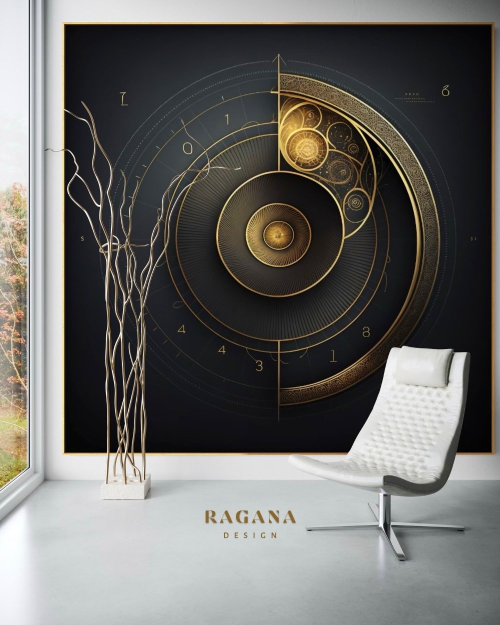 4K high-fidelity digital artifact by RAGANA Design featuring a concentric golden geometric dial with numerical notations (1, 0, 7, 6, 8, 4, 3) and a quadrant of ornate golden filigree on an obsidian background
