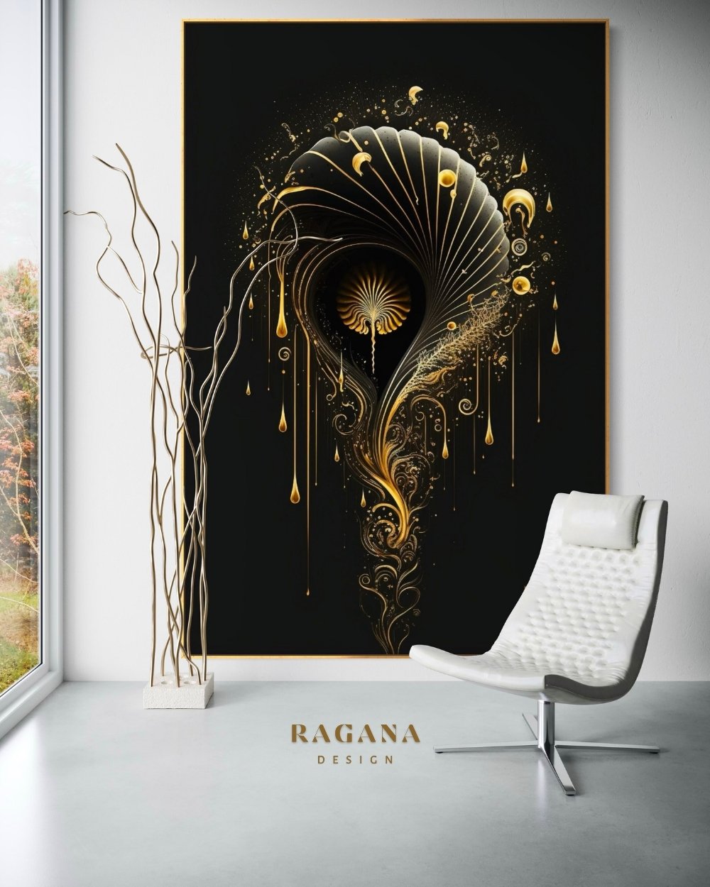 4K high-fidelity digital artifact by RAGANA Design featuring a golden fanned Fibonacci spiral emitting liquid golden droplets and stardust trails on a matte obsidian background