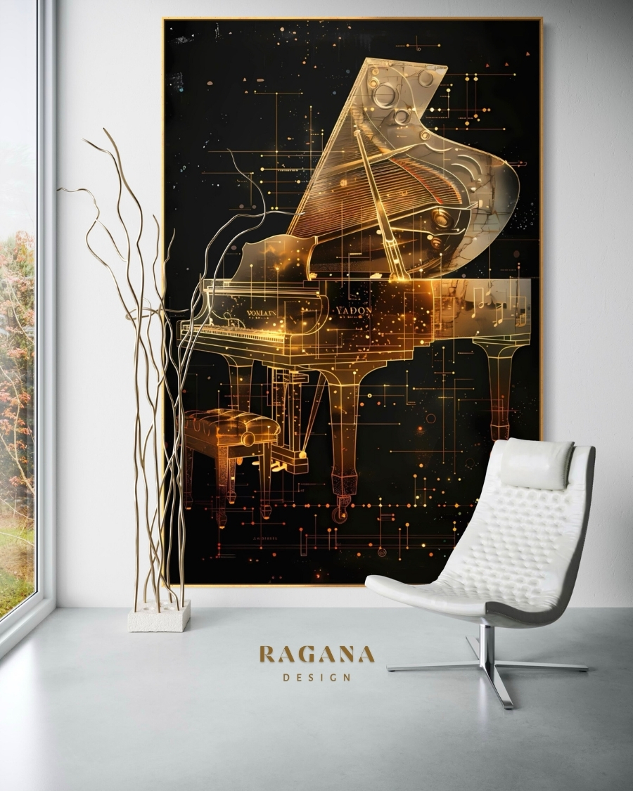 4K Ultra-High Fidelity Grand Piano digital artifact featuring glowing gold Fibonacci structural overlays and intricate sacred geometry mathematical blueprints by RAGANA Design.