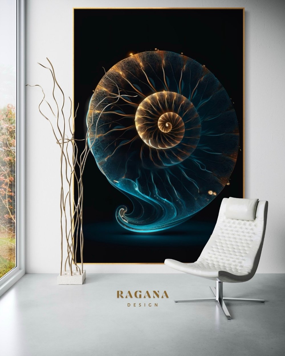 4K high-fidelity digital artifact by RAGANA Design featuring a translucent, glowing Fibonacci shell with golden light at the core and electric blue wisps flowing through the spiral, set against a dark, deep-space background.