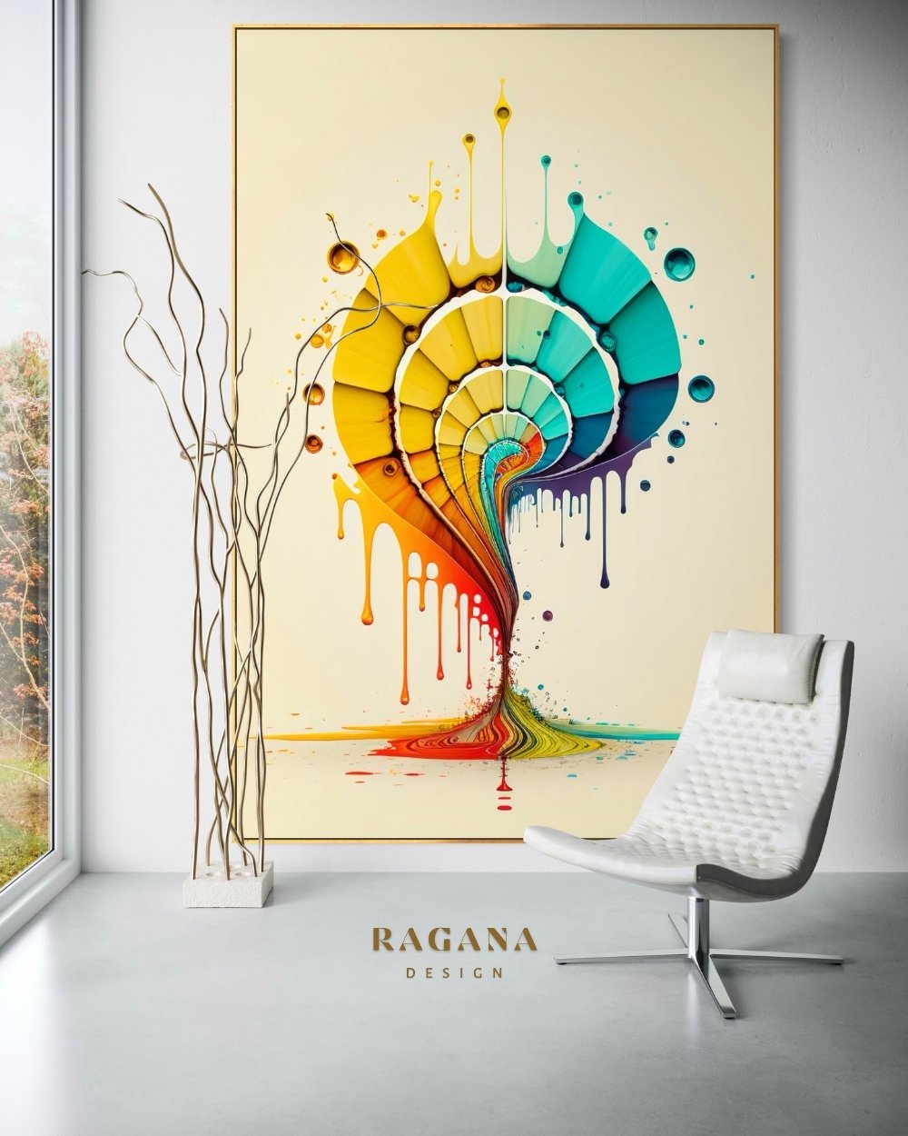 4K high-fidelity digital artifact by RAGANA Design featuring a surreal Fibonacci shell transitioning into a liquid fountain of vibrant primary and secondary colors, with dripping paint-like textures and a splashing base, set against a minimalist cream background.