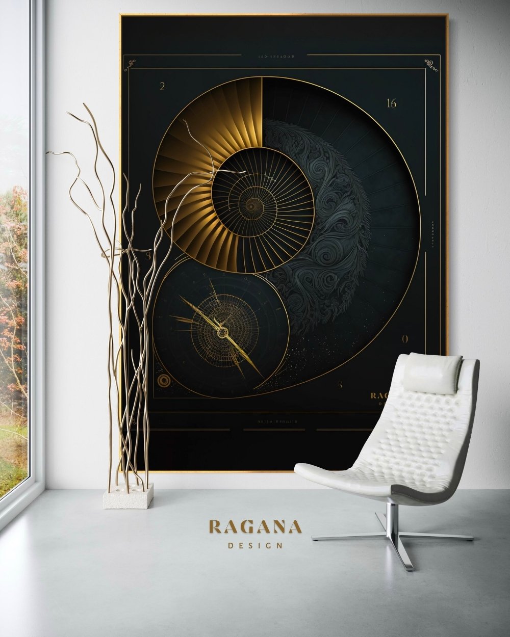 High-fidelity digital artifact by RAGANA Design featuring a dual-tone Fibonacci spiral divided into golden metallic fins and dark ornate filigree, accompanied by a celestial golden compass dial on an obsidian background