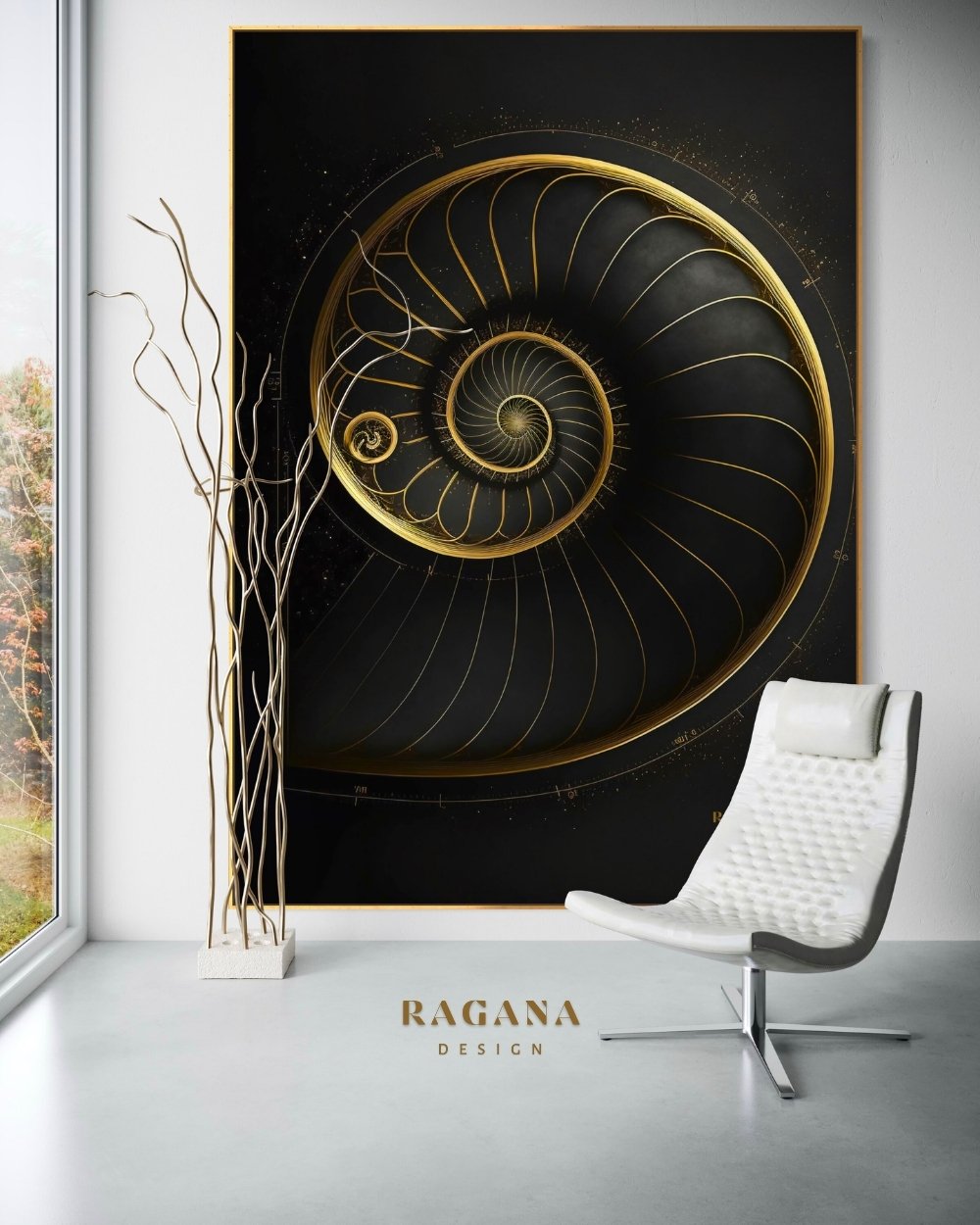 Golden Fibonacci Art High-fidelity digital artifact by RAGANA Design featuring a golden segmented Fibonacci nautilus with numerical notations and structural wireframes on a deep obsidian canvas