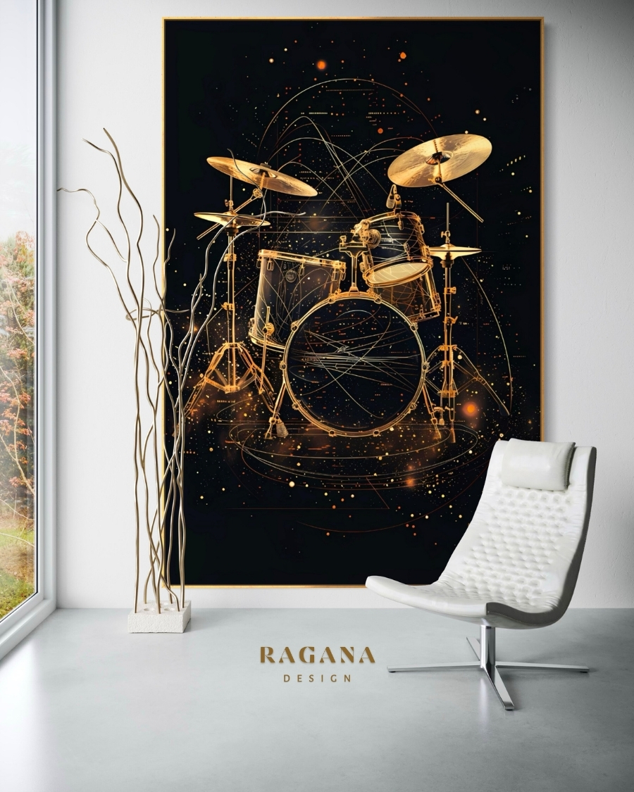 4K UHD Drum Set digital artifact featuring golden Fibonacci orbital lines, sacred geometry structural overlays, and architectural sound blueprints by RAGANA Design.