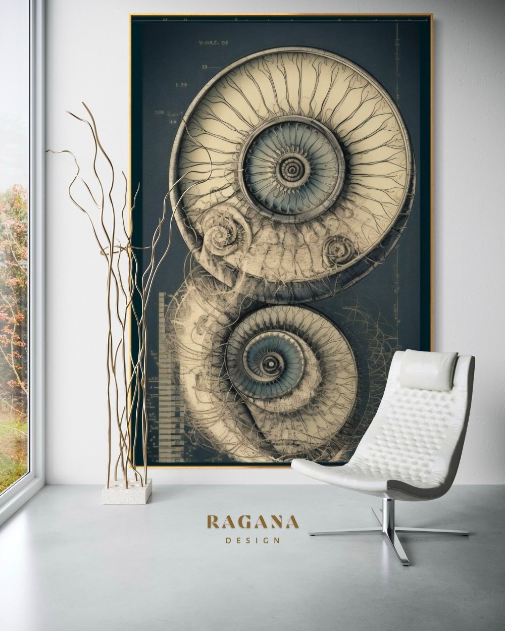 K high-fidelity digital artifact by RAGANA Design featuring two interlocking, technical Fibonacci spirals styled as mechanical blueprints with intricate notations and sketching on a deep charcoal-blue parchment background.
