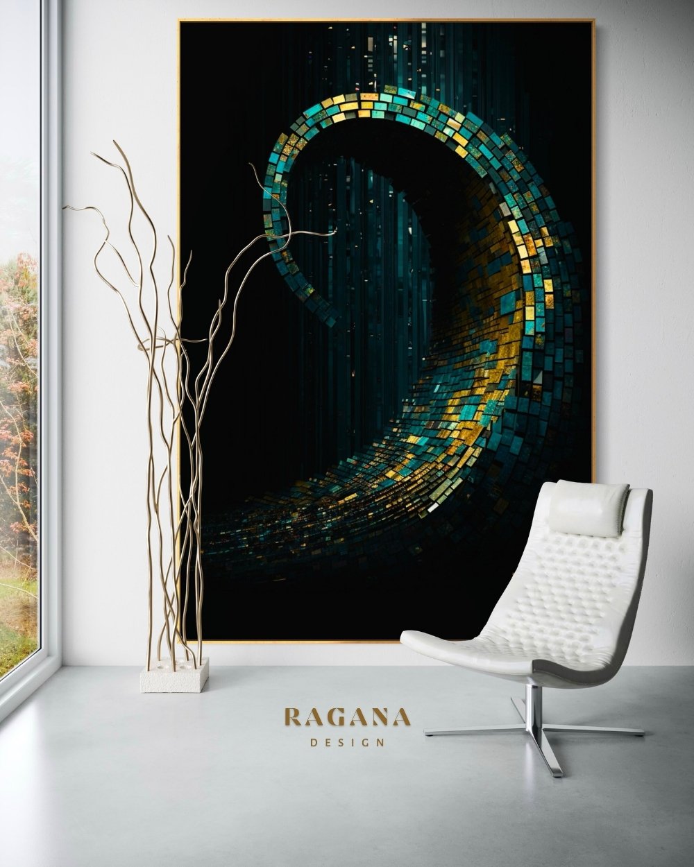 4K high-fidelity digital artifact by RAGANA Design featuring a massive Fibonacci spiral constructed from thousands of shimmering teal, emerald, and gold mosaic tiles, cascading like a wave against a deep obsidian background.