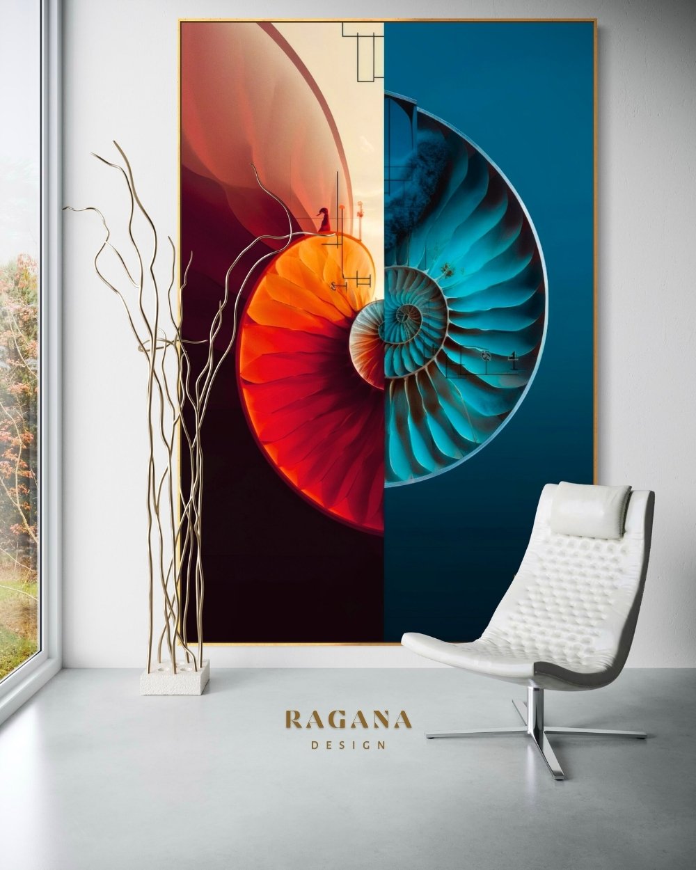 4K high-fidelity digital artifact by RAGANA Design featuring a massive Fibonacci shell split vertically down the center; the left half is a vibrant, textured red and orange against a dark background, and the right half is a cool, serene cerulean blue against a deep teal background, integrated with subtle technical line-work.