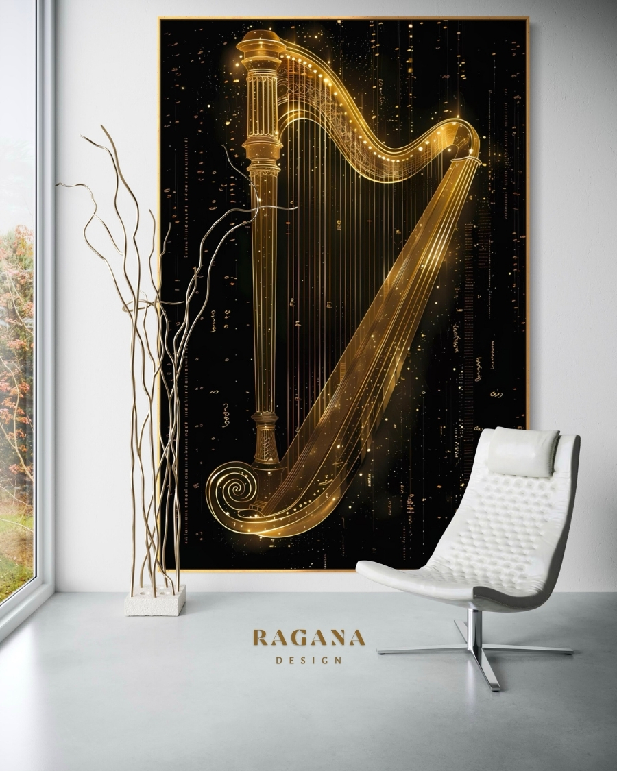 4K UHD Golden Harp digital artifact with shimmering Fibonacci sacred geometry overlays and celestial architectural blueprints by RAGANA Design.