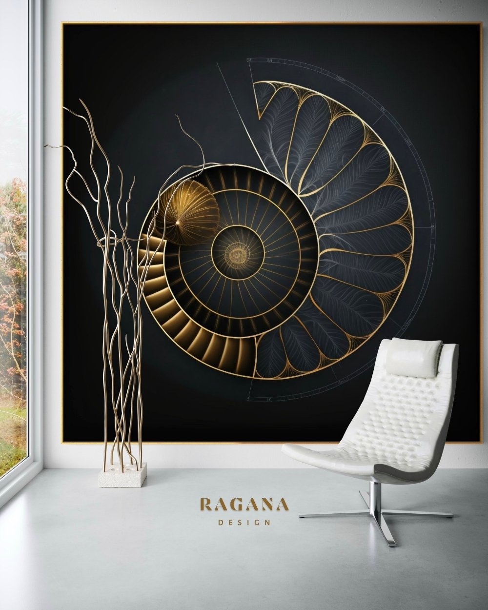 4K high-fidelity digital artifact by RAGANA Design featuring a golden Fibonacci spiral split into architectural metallic fins and delicate, feathered organic segments on a matte obsidian background