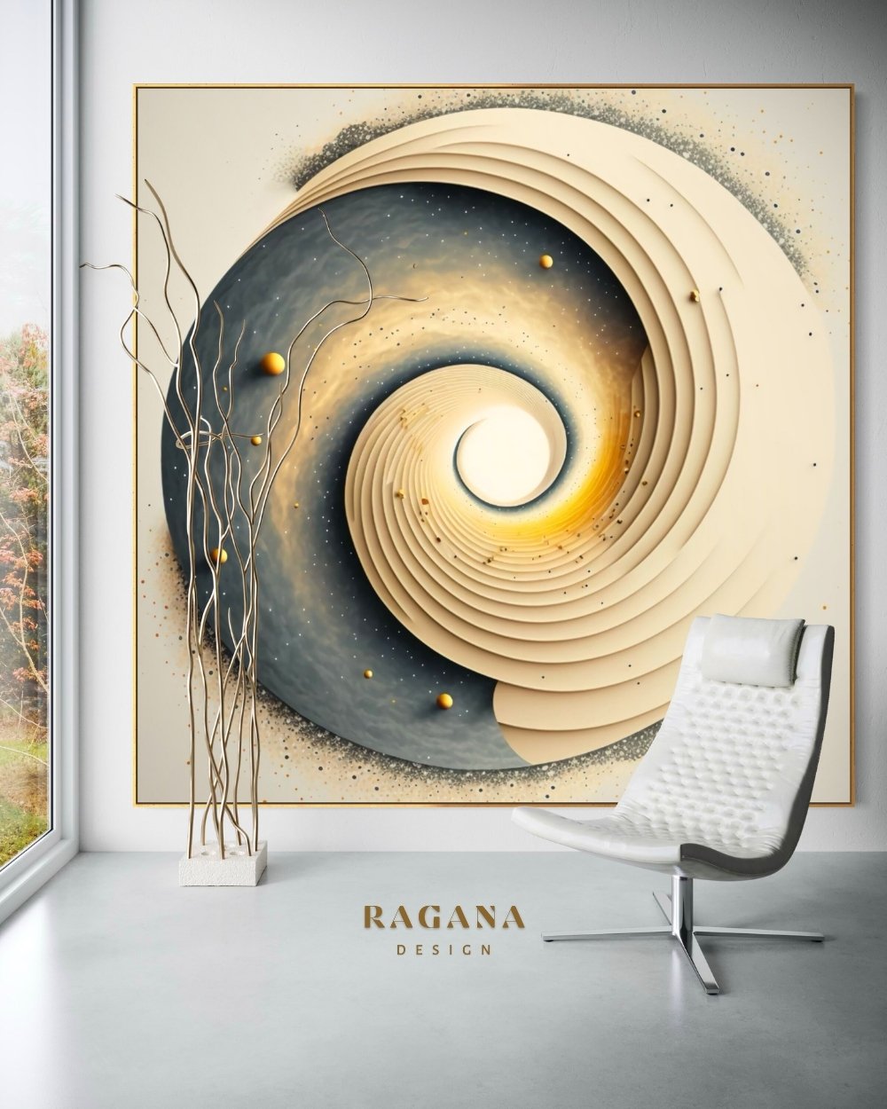 4K high-fidelity digital artifact by RAGANA Design featuring a massive, wide-format Fibonacci spiral in cream and charcoal tones, with a radiant golden core and floating celestial particles, set against a light, minimalist background.