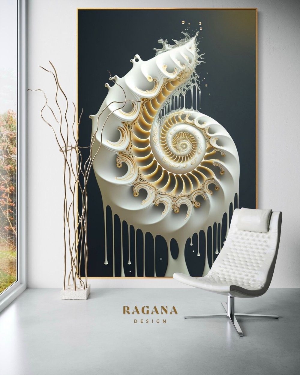 4K high-fidelity digital artifact by RAGANA Design featuring a massive, cream-colored Fibonacci shell with intricate baroque carvings and golden filigree, emerging from a splashing liquid base with golden droplets against a deep charcoal background.