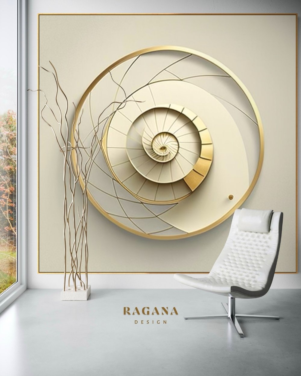 4K high-fidelity digital artifact by RAGANA Design featuring a minimalist, cream-on-white Fibonacci spiral enclosed within a perfect golden circle, set against a clean, parchment-colored background.