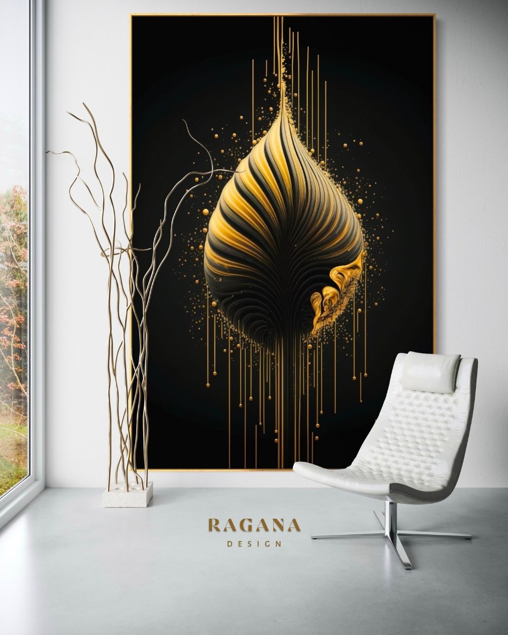 4K high-fidelity digital artifact by RAGANA Design featuring a central, teardrop-shaped golden and obsidian monolith with vertical striations and shimmering golden particles on a matte black background