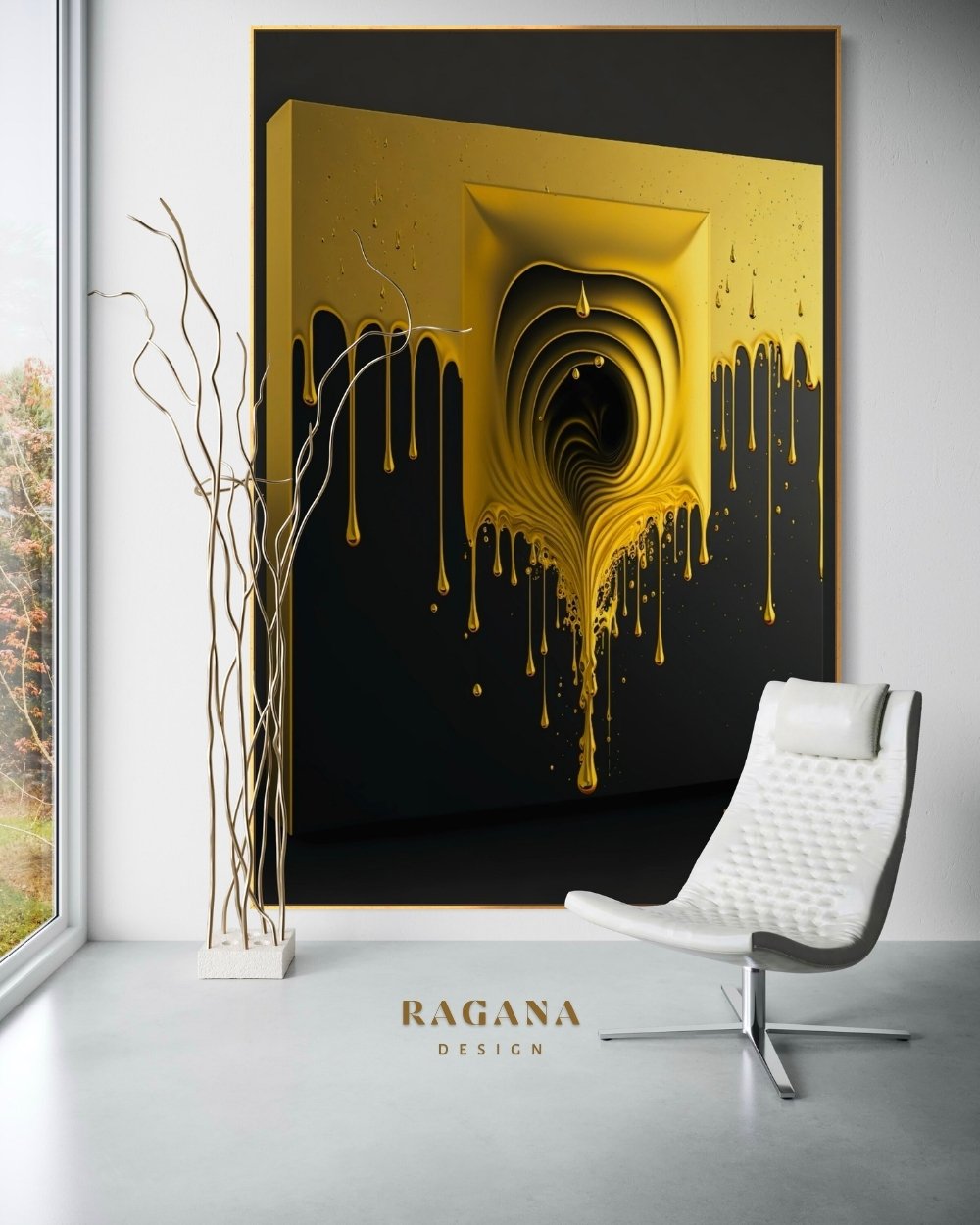 4K high-fidelity digital artifact by RAGANA Design featuring a deep golden three-dimensional portal with multiple internal layers and liquid gold melting from the upper frame onto an obsidian background