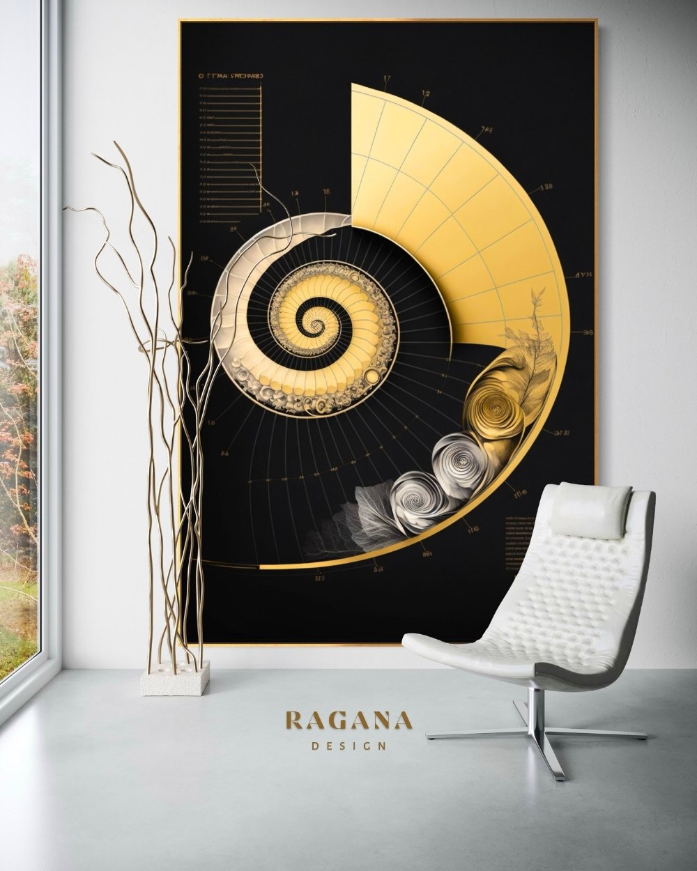 4K high-fidelity digital artifact by RAGANA Design featuring a massive Fibonacci spiral integrated into a technical astronomical or musical grid, with golden sections, silver rose-like textures, and complex mathematical notations on a deep obsidian background.