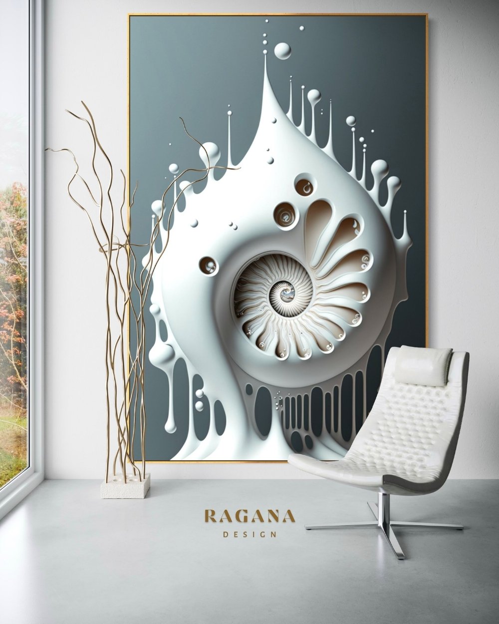 4K high-fidelity digital artifact by RAGANA Design featuring a surreal, matte-white Fibonacci structure emerging from upward-splashing liquid droplets against a deep slate-teal background.