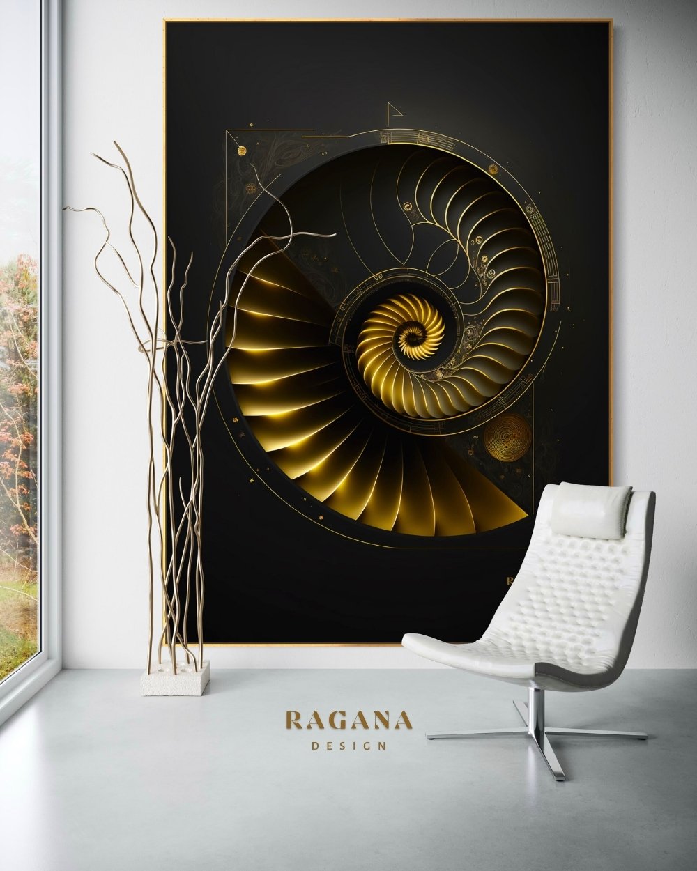 4K high-fidelity digital artifact by RAGANA Design featuring a three-dimensional golden Fibonacci spiral with deep metallic fins and luminous golden internal highlights on an obsidian canvas