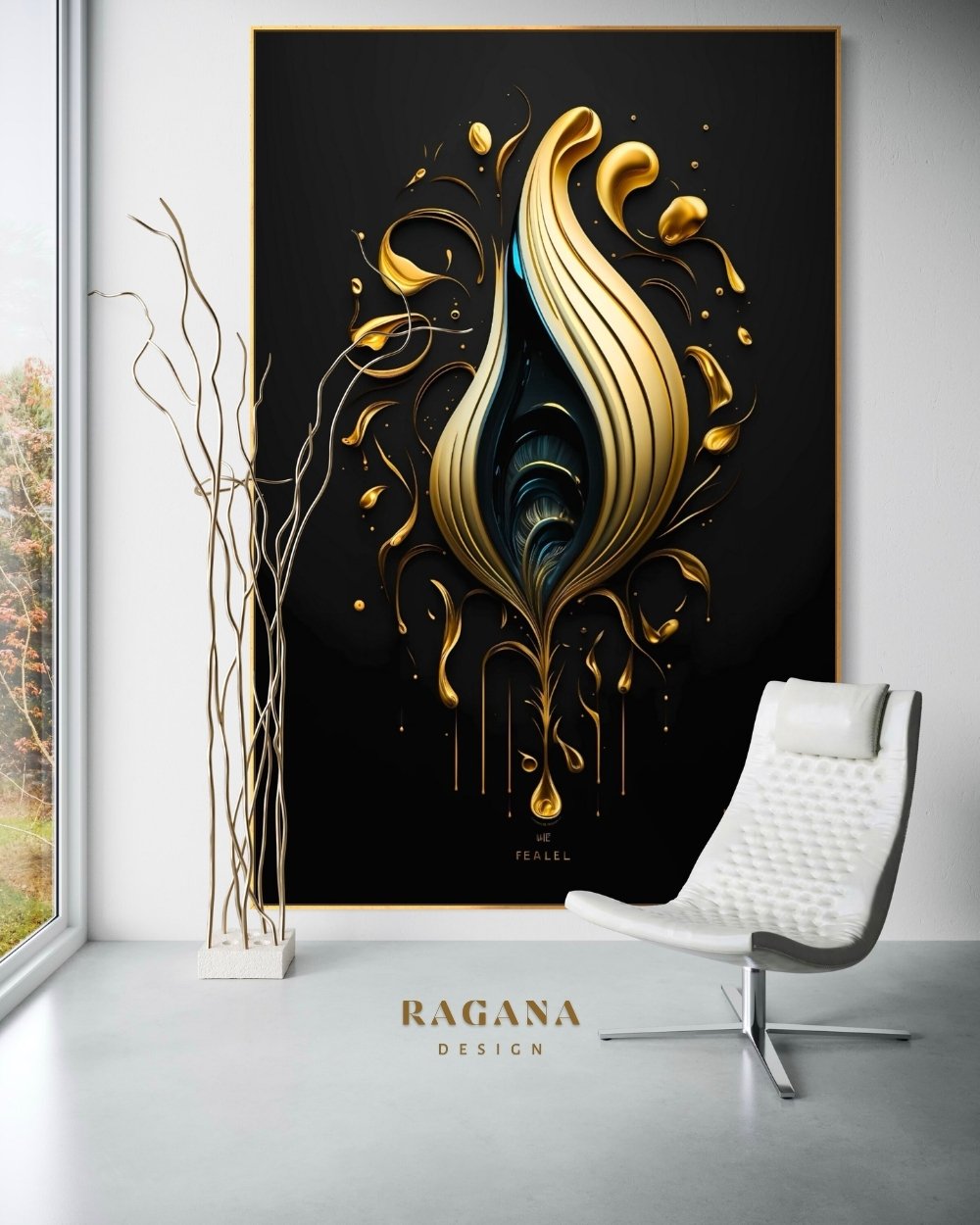 4K high-fidelity digital artifact by RAGANA Design featuring a central golden flame-like teardrop with internal cerulean layers and organic golden flourishes on a matte obsidian background