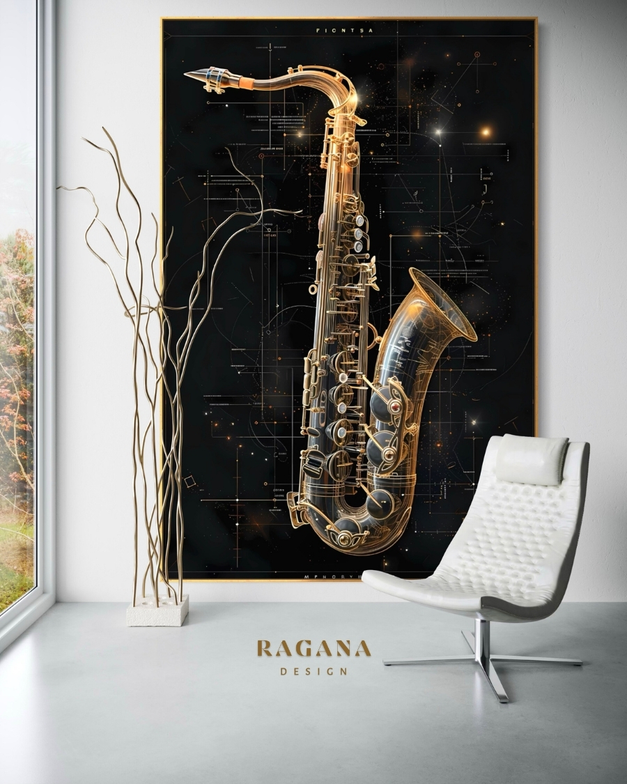 4K Ultra-High Fidelity Golden Saxophone Artifact featuring interwoven Fibonacci fine lines and sacred geometry architectural design by RAGANA Design.