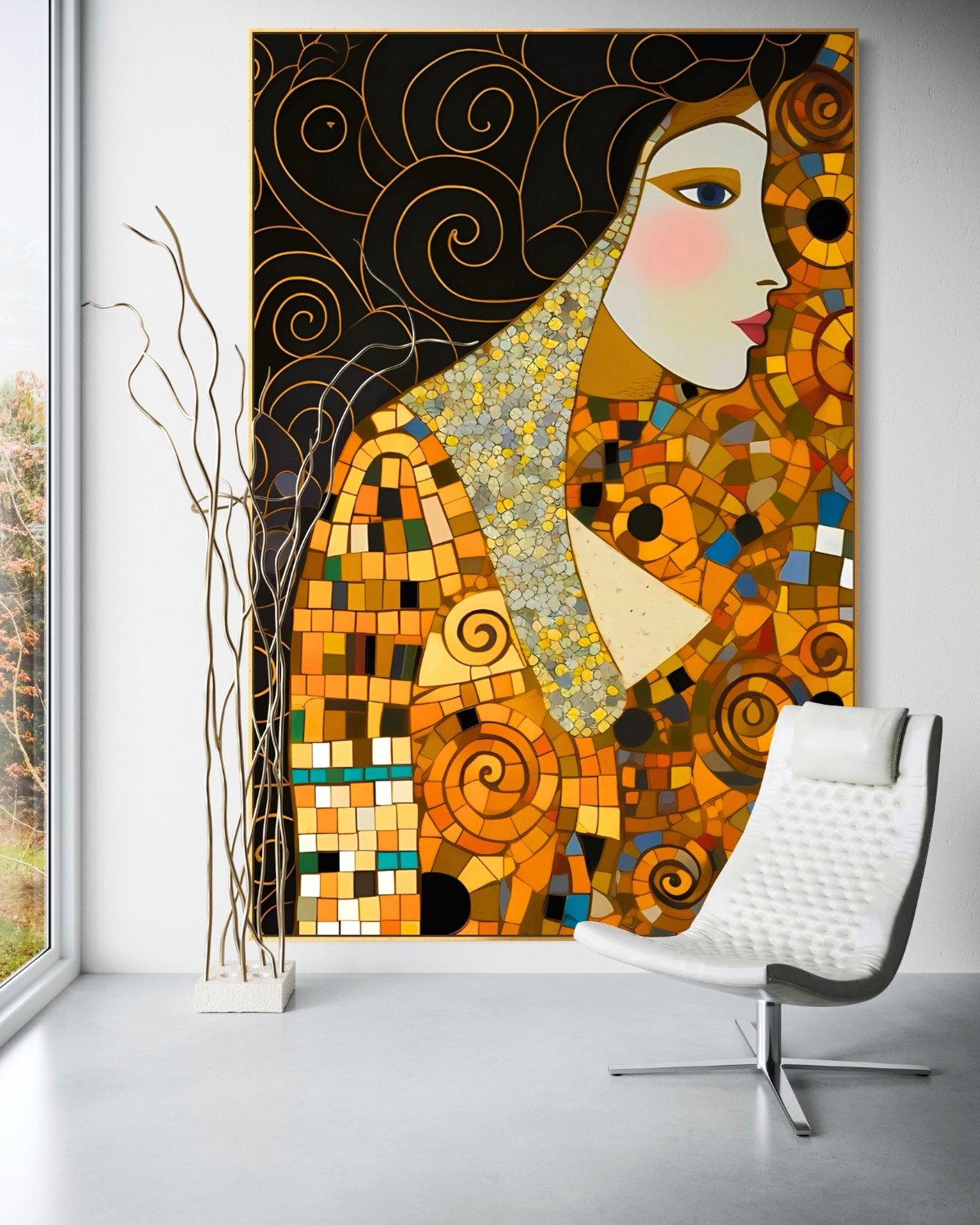 A luxury vertical wall art piece featuring a profile of a stylized woman inspired by Gustav Klimt, with an alabaster face and vibrant mosaic gown of gold, ochre, and turquoise, set against an obsidian background with elegant Fibonacci swirls.