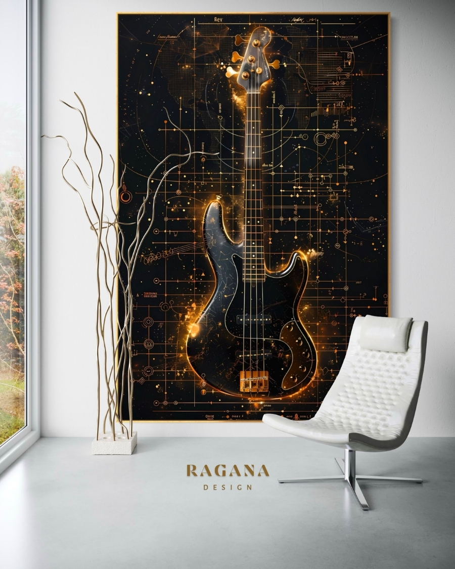 4K Ultra-High Fidelity Electric Bass artifact with luminous Fibonacci structural overlays and sacred geometry blueprints by RAGANA Design.