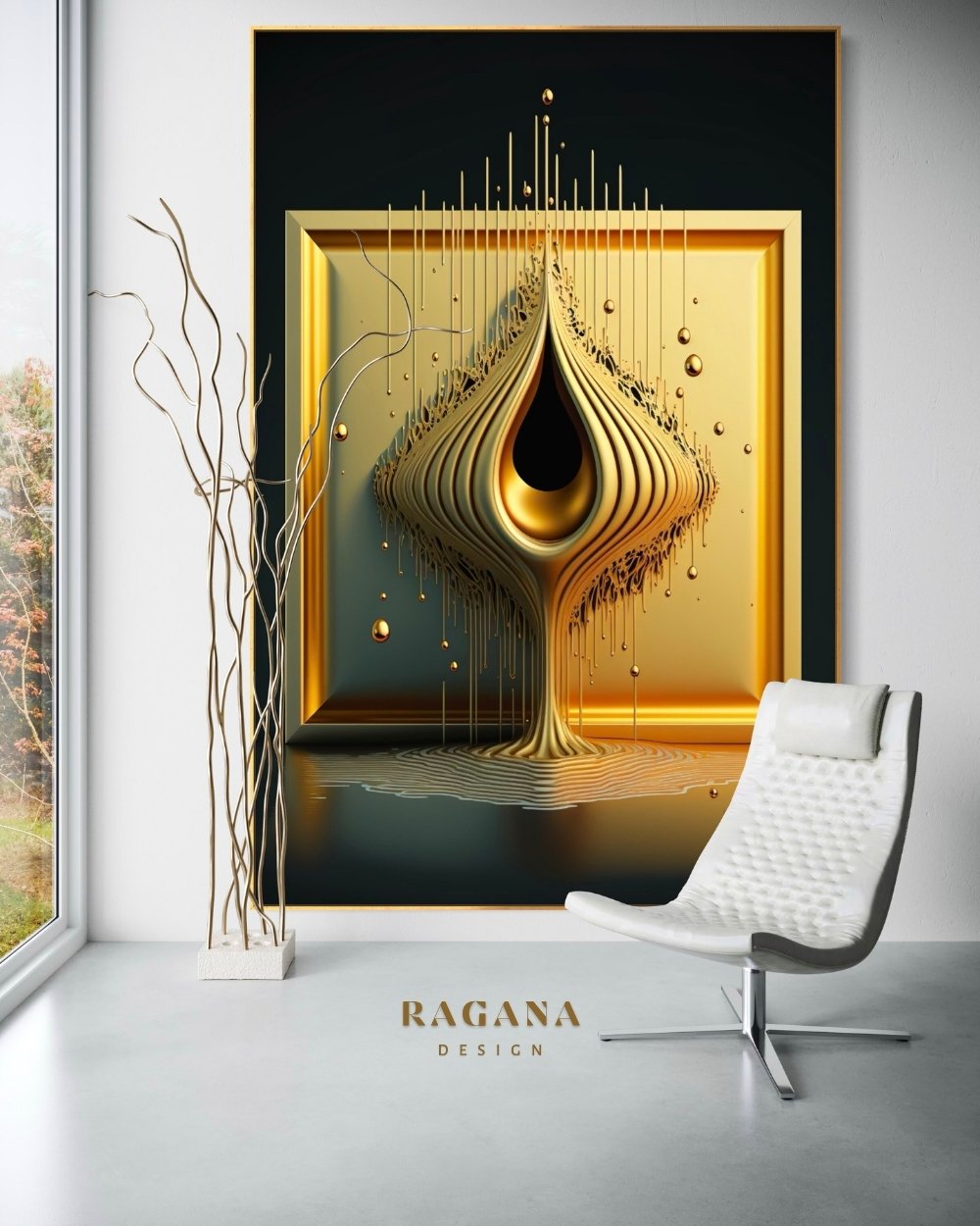 4K high-fidelity digital artifact by RAGANA Design featuring a central liquid gold teardrop sculpture within a golden rectangular frame, emitting droplets into a reflective gold pool on an obsidian background