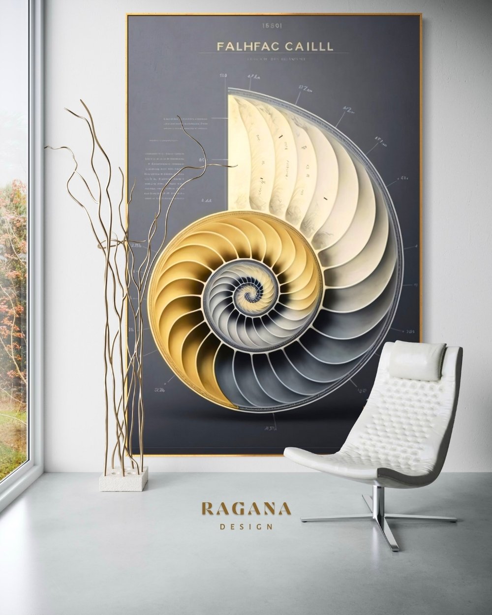 4K high-fidelity digital artifact by RAGANA Design featuring a massive, sectional Fibonacci spiral that transitions from deep charcoal to radiant gold and cream tones, set against a dark grey technical background with mathematical annotations and structural lines.