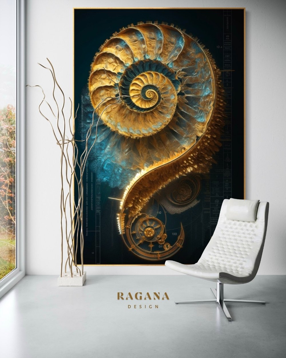 4K high-fidelity digital artifact by RAGANA Design featuring a magnificent golden nautilus shell with teal and oceanic blue accents, set against a dark blueprint background with mathematical notations and sacred geometry lines.