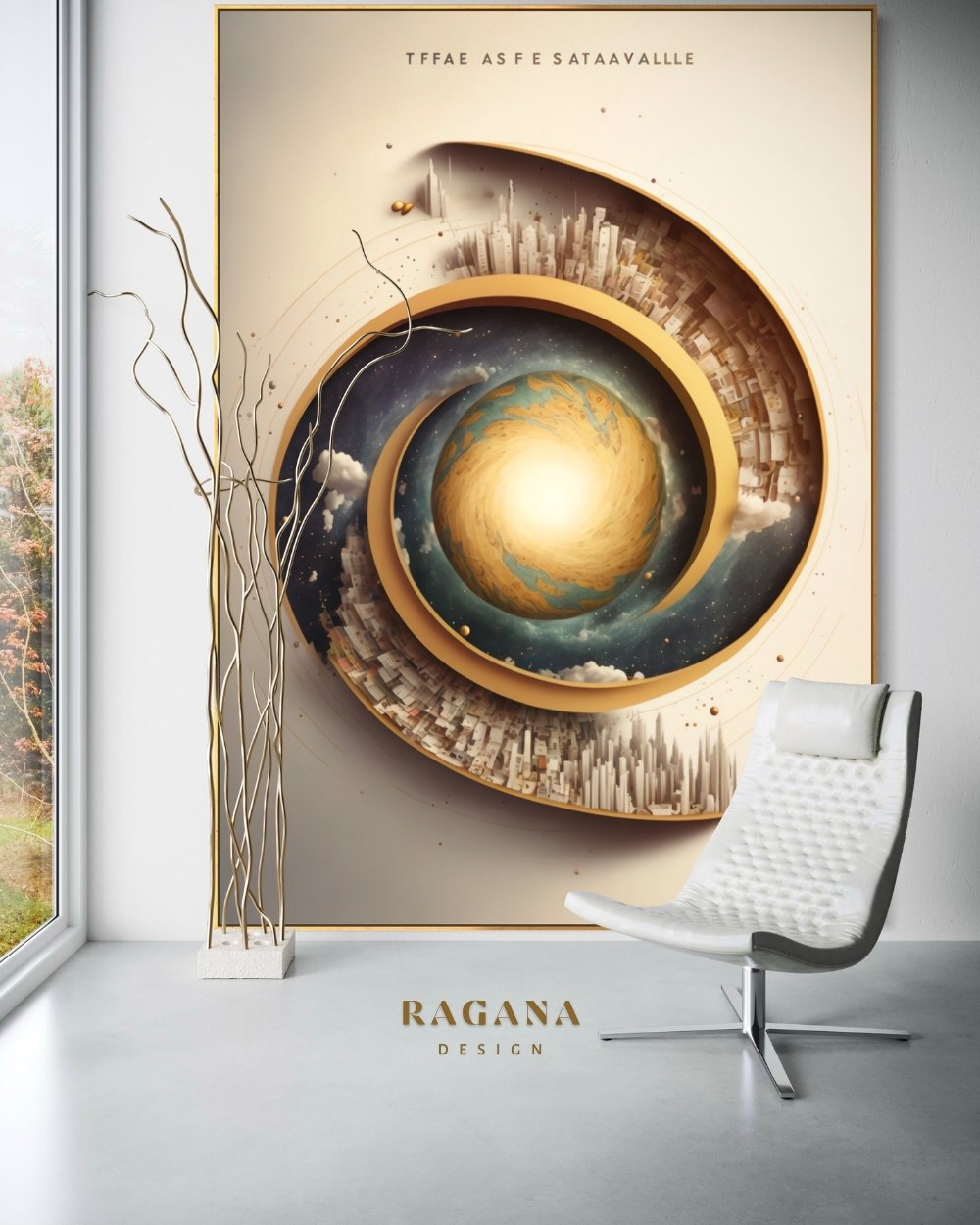 4K high-fidelity digital artifact by RAGANA Design featuring a massive, cream and gold Fibonacci spiral that integrates a detailed cityscape of skyscrapers and a central, glowing globe of the Earth, set against a minimalist parchment background.