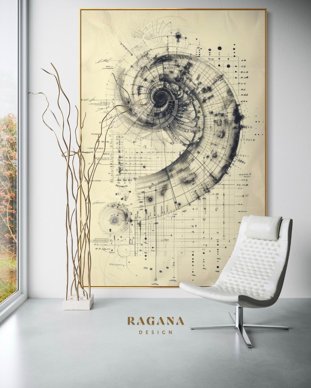 4K high-fidelity digital artifact by RAGANA Design featuring a dark, ink-drawn Fibonacci spiral integrated into an expansive technical grid with scatter plots, mathematical coordinates, and architectural notations on a light cream parchment background.