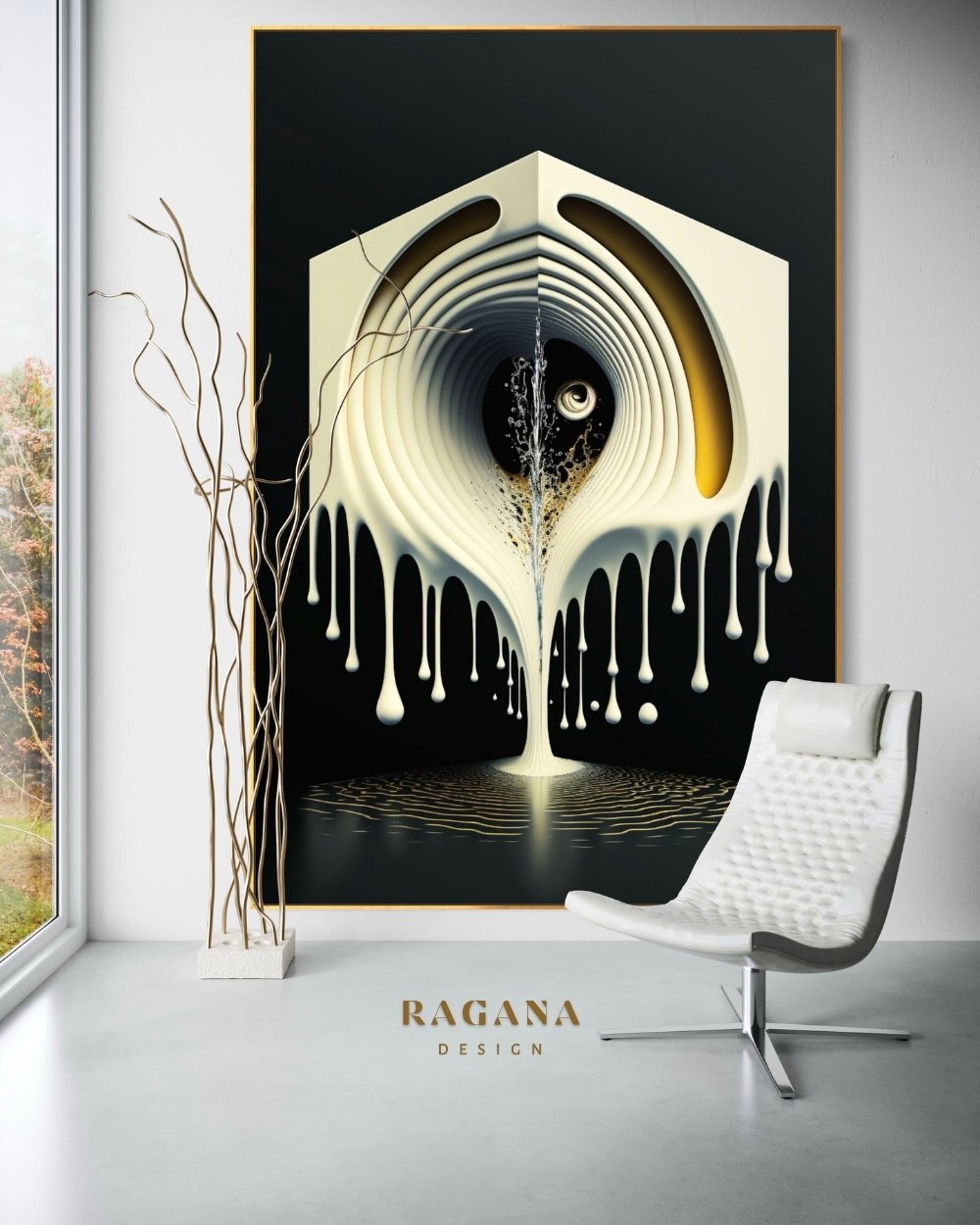 4K high-fidelity digital artifact by RAGANA Design featuring a surreal white Fibonacci monolith with melting, liquid-like textures dripping downward into a dark reflective pool, set against a deep obsidian background.