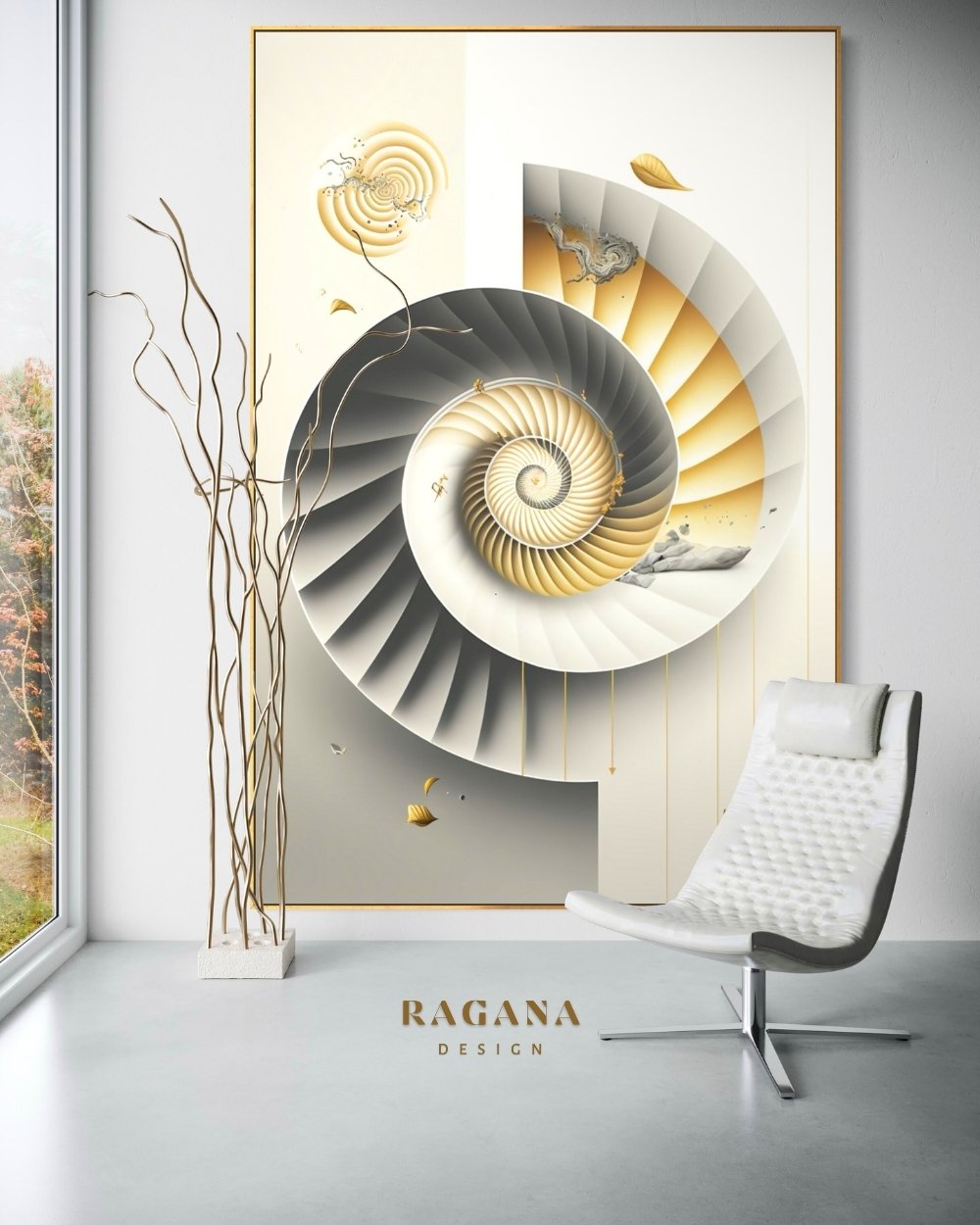 4K high-fidelity digital artifact by RAGANA Design featuring a massive, surreal Fibonacci staircase split into two distinct halves: one side in charcoal and white architectural layers, and the other in radiant, reflective gold, leading to a central luminous core on a minimalist background.