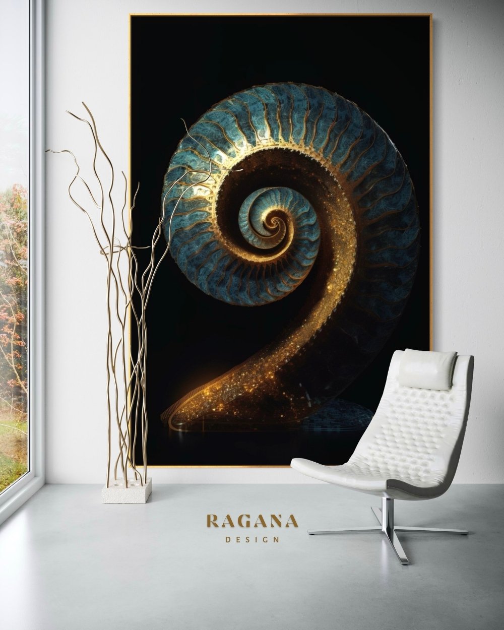 4K high-fidelity digital artifact by RAGANA Design featuring a powerful, dark-textured Fibonacci shell rising vertically like a monolith, adorned with a dense dusting of 24k gold leaf and glowing amber embers at the base, set against a deep obsidian background.