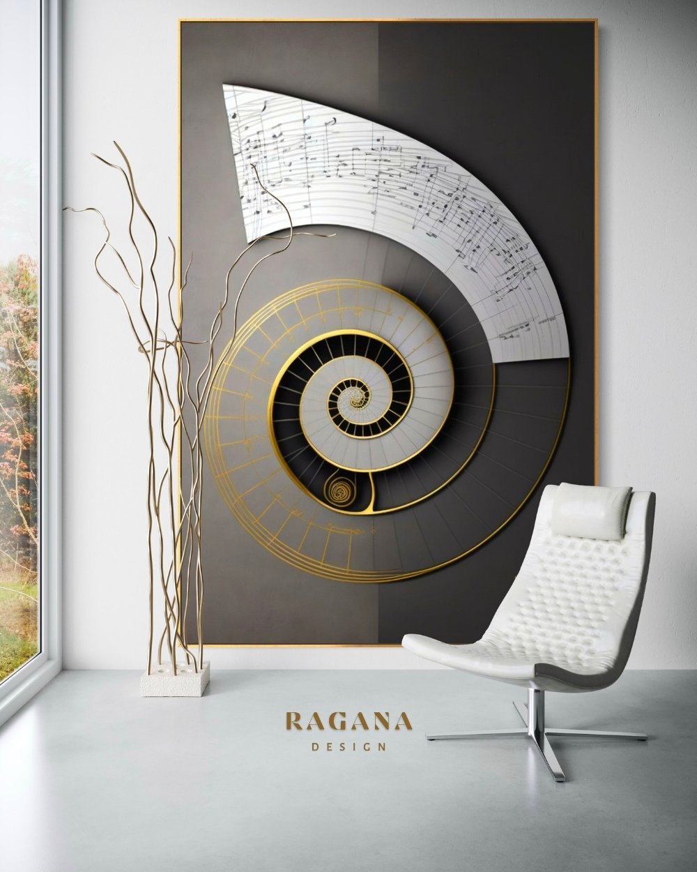 4K high-fidelity digital artifact by RAGANA Design featuring a massive Fibonacci spiral set against a dual-toned grey and charcoal background, with a prominent white musical staff containing complex handwritten notation arching over the top of the golden-edged spiral.